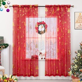 KarINSTALLi - Cortinas transparentes de Navidad para sala de estar, árbol de Navidad, cortinas transparentes con estampado de lámina dorada, cortinas de ventana con bolsillo para barra, decoración