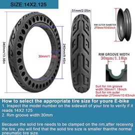 Bicycle Solid Tire 14x2.125, Rubber Airless Honeycomb Tires, 14 Inch Puncture Proof Tire for Electric Bike