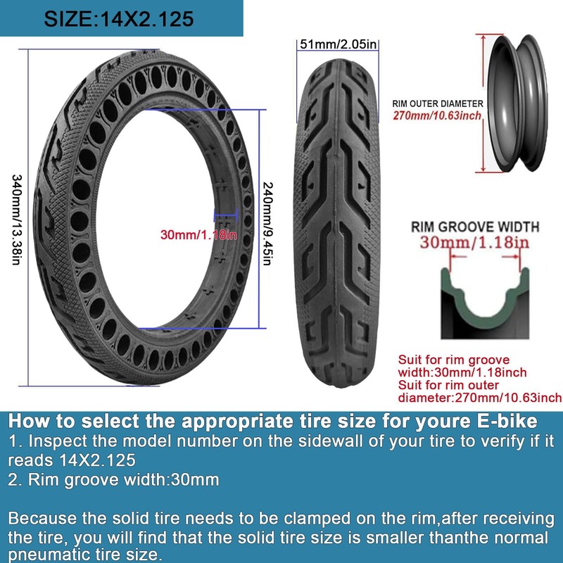 Bicycle Solid Tire 14x2.125, Rubber Airless Honeycomb Tires, 14 Inch