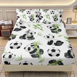 AILONEN Kawaii Panda Bedding Set - Twin XL Size, Black and White Soccer Print Bamboo Panda Bed Sheet Set - 1 Fitted Sheet + 2 Pillowcases