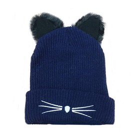 Sanqidu Women Lady Solid Knitted Cat Ear Hat Girls Headgear Crochet Beanie Fall Winter Head Wear Gift for Cat Lover (C-Blue)