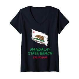 Womens Mandalay State Beach California Paint Splatter Flag Vacation V-Neck T-Shirt