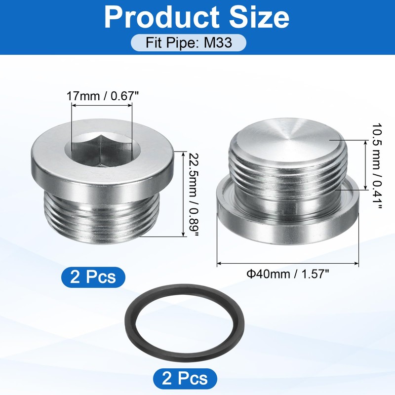 sourcing map 2Pcs M33x2 Inner Hex Head Pipe Fitting Plug,