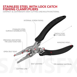 SAMSFX Mini Fishing Pliers with Retractors, Snap Split Ring Pliers, Scissors Braid Cutters, Lightweight Stainless Steel Fly Fishing Tools Kit