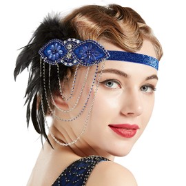 BABEYOND 1920s Flapper Headband 20s Great Gatsby Headpiece Black Feather Headband 1920s Flapper Gatsby Hair Accessories (Blue)