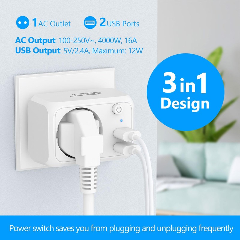 JSVER USB Steckdose 4000W mit 2 USB Anschluss,Steckdosenadapter USB Adapter