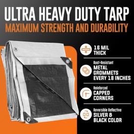 12x12 Ultra Heavy Duty Tarp, Extra Thick 16 Mil, UV Resistant, Grommets Every 18 Inches - Waterproof Plastic Poly Tarpaulin - (Reversible, Silver and Black) (12' x 12' Feet)