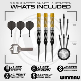 WINMAU Darts - Exion 24g Steel Tip Dart Set | Professional 90% Tungsten Darts Set | Switch Point Tech | Onyx & Gold Parallel Barrels | 2x Interchangeable Points (Wave/Smooth) Rapid-Change System