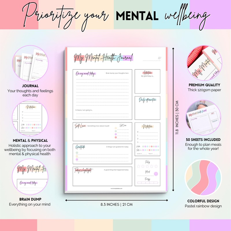 Mental Health Journal Planner | Daily Gratitude, Self Care, Intentions,