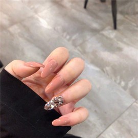 Cimenexe Crystal Press on Nails Medium False Nails Rhinestone Oval Artificial Fingernails Paved Shiny Fingernails Full Cover Acrylic Nails CZ Pink for Women and Girls Pack of 24