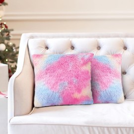 Set of 2 Artificial Fur Cuddly Cushions, Faux Fur Cushion, Plush Cushion Cover with Fluffy, for Sofa, Chair, Living Room (Rainbow, 45 x 45 cm)
