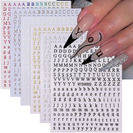 Letters Nail Art Stickers, 8 Sheets English Alphabet Nail Decals 3D Self-Adhesive Black Gold Silver Alphabet Nail Art Design Sticker Cute Letters Nail Supplies for Women DIY Nail Decoration Manicure