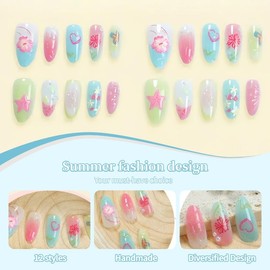3D Handmade Summer Starfish Flower Press on Nails Medium Almond Fake Nails 3D Flower Starfish Lemon Strawberry Design Artificial Nails Full Cover French Stick on Nails Glue on Nails for Women 30Pcs