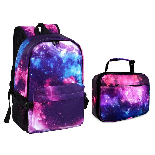E-Clover Galaxy Backpack for Women/Men School Bookbag for Girls with Galaxy Lunch Boxes Lightweight Travel Daypack Purple Christmas Gifts