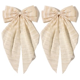 Hair Bows for Women Girls - Furling Pompoms Large Hair Bows Girl Metal Barrettes Long Tail Retro Hair Clips for Bows Hair Accessories 2pcs (Striped Beige)