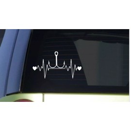 EZSTIK Fishing Hook heartbeat lifeline *I210* 8" wide Sticker decal largemouth bass