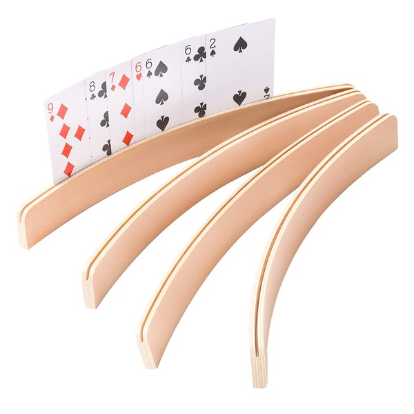 GSE Set of 4 Playing Cards Holders, Wooden Playing Card Racks for Kids, Adults and Seniors, Curved Playing Card Trays for Bridge, Hand & Foot, Rummy, UNO Card Games Playing (12.5-inch)