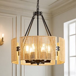 OKELI Large Farmhouse Chandeliers for Dining Room, 6-Light 19.7” Rattan Boho Chandeliers with Wicker Lampshade, Adjustable Hand-Woven Pendant Hanging Lighting for Kitchen Island,Living Room,Foyer(E26)