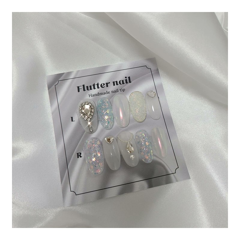 Blue Glitter & Silver Stone Handmade Nail Tips - Short