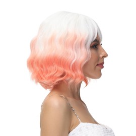 Rose bud Wavy Bob Wig with Bangs Synthetic Natural Wig Short Curly Wigs for Women Thick White to Orange
