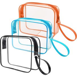 CGBE Pack of 3 Transparent Toiletry Bag, Travel Makeup Bag, Waterproof Toiletry Bag, Travel Bag, Wash Bag for Men and Women, Orange/Blue/Black