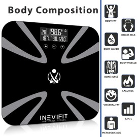 INEVIFIT Body Fat Scale, Highly Accurate Digital Bathroom Body Composition Analyzer, Measures Weight, Body Fat, Water, Muscle, BMI, Visceral Levels & Bone Mass for 10 Users. Includes Batteries.
