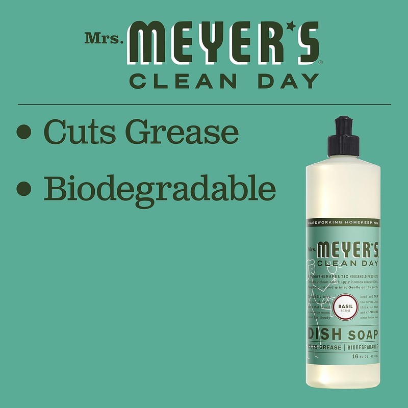 MRS. MEYER'S CLEAN DAY Liquid Dish Soap, Biodegradable Formula, Basil,