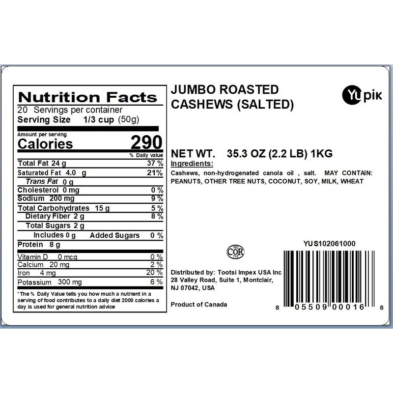 Yupik Nuts Deluxe Jumbo Salted Roasted Cashews, 2.2lb