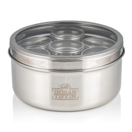 Indian-Tiffin Masala Dabba – Airtight Spice Container – Food Grade Stainless Steel – with Spice Labels & Spoon (Large (20cm), Clear Lid Top & Clear Lids on Inner Pots)