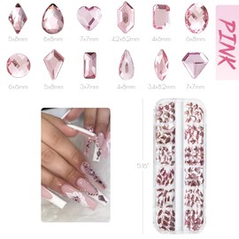 qiipii 120Pcs Pink Rhinestones Nail Charms 12 Shapes Light Pink Flatback Big Gems K9 Glass Clear Pink Nail Stones Diamonds jewels Nail Art Supplies Nail Decor for Nails Face Eyes Makeup DIY Crafts