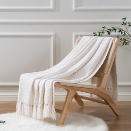Battilo Cream Throw Blanket for Sofa Couch Chair Bed, Super Soft Decorative Knitted Blanket with Tassels, Warm Cozy Couch Cover Blanket, Cream White Sofa Throw, Bed Blanket, 127x152cm