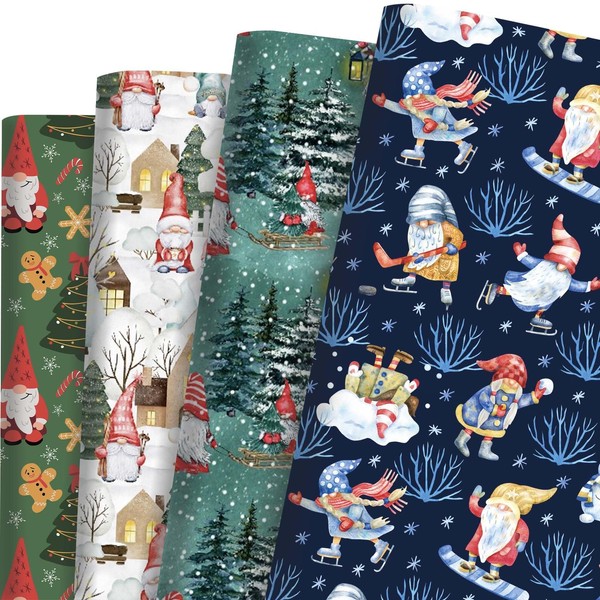 Sanixin 12 Sheets Christmas Gnome Wrapping Paper Green Blue White