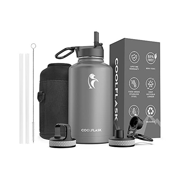 Water Bottle 64 oz with Straw & Spout Lid, Coolflask Insulated Large Water Jug Half Gallon Vacuum Metal Stainless Steel Reusable Wide Mouth for Sport, Fitenss, Gym or Office, Sweat-Proof BPA-Free Keep Cold for 48 Hrs or Hot for 24 Hrs, Knight Grey