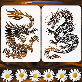 FINGERINSPIRE 2 Pcs Chinese Dragon Totem Painting Stencil with Paintbrush 29.7x21cm Reusable DIY Decorative Dragon Stencil Template for Wood, Fabric, Furniture, Wall, DIY Crafts, Home Decor
