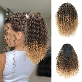 YXCHERISHAIR Ponytail Extension,Curly Wavy Ponytail Ombre Drawstring Ponytail Hair Extensions for Women Natural Wavy Synthetic Hairpiece for African Women Daily Use Party(T1B/27, 14inch)