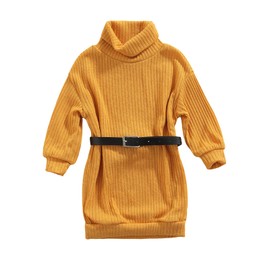 GOOCHEER Little Toddler Baby Girl Outfits Turtleneck Knit Sweater Dress Kids Solid Ribbed Long Sleeve Dresses +Belt Fall Clothes (A-Yellow, 6-7 Years)