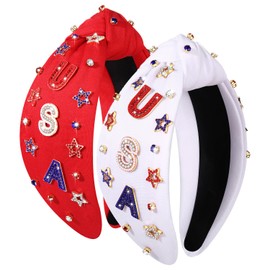 PHALIN 2PCS American Flag Headband for Women 4th of July Headbands Rhinestone Beaded USA Star Headband Embellished Red Blue Knotted Headband Patriotic Headband 4th of July Accessories (2PCS G)