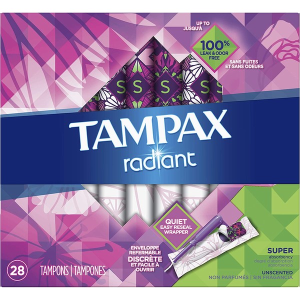 Tampax Radiant Plastic Tampons, Super Absorbency, Unscented, 28 Count, (Packaging May Vary), Pack of 6