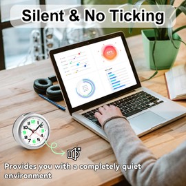 DTKID 3.27'' Analog Alarm Clock, Small Battery Operated Analog Travel Clock Silent No Ticking with Night Light, Snooze, for Bedroom, Bedside, Desk
