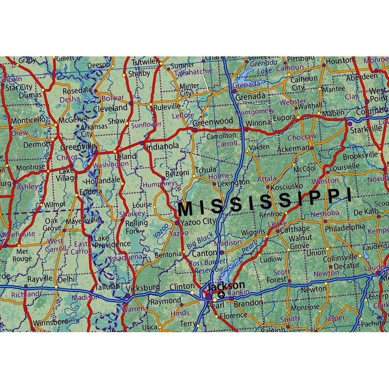 Texas, Louisiana, Arkansas & Mississippi States Physical Map - 23.3
