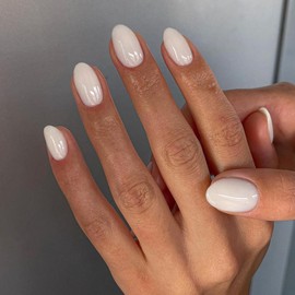 KQueenest Upgrade Thick Acrylic Press on Nails Short Oval, Milky White Almond, Beige Oval Fake Nails for Women Daily Wear, Glue on Round in 24 Pcs