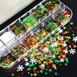12 Grids Christmas Nail Art Sequins 3D Holographic Laser Snowflake Star Butterfly Winter Holiday Nail Glitters Red Green white Gold Nail Sparkly Flakes Nail Charms for DIY Christmas Nail Designs
