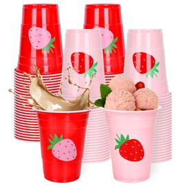 FYSUIMU 100Pcs Strawberry Plastic Cups 16Oz Red Pink Sweet Berry Disposable Drinking Cup Stackable Party Cups for Summer Birthday Baby Shower Party Supplies