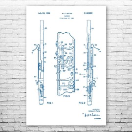 Bassoon Poster Print, Bassoon Player Gift, Orchestra Art, Bassoon Blueprint, Music Teacher Gift, Bassoon Decor Blue & White (12 inch x 18 inch)