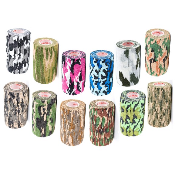 Prairie Horse Supply Vet Wrap Tape Bulk (Assorted Camo Colors) (12 Pack) (4 Inches Wide) Vet Wrap Medical First Aid Tape Self Adhesive Adherent for Ankle Wrist Sprains and Swelling