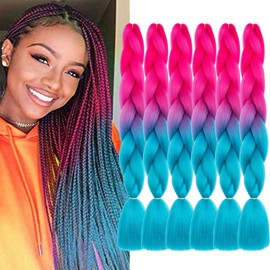 FYRLNA 6 Packs 24 Inch Jumbo Braiding Hair Soft High Temperature Resistance Synthetic Hair Extensions for Women 24 Inch Ombre Jumbo Braiding Hair Twist Crochet Braids Hair(24"(Pack of 6),Pink to Lake Blue)