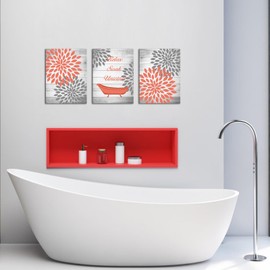 OuElegent Dahlia Canvas Wall Art Coral Gray Flower with Rustic Wood Background Painting Pictures Vintage Bathtub Relax Soak Unwind Inspiring Prints Artwork for Bathroom Decor 12"x16"x3 Panels