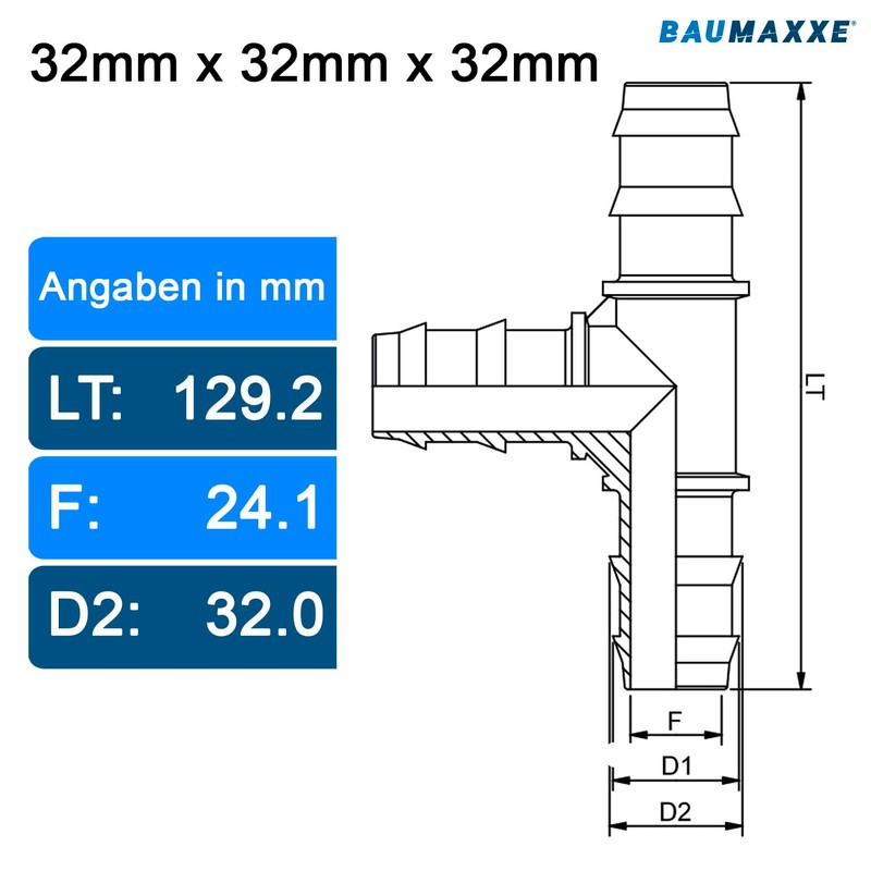 Baumaxxe PP T-piece 90° with hose nozzle connection + 3