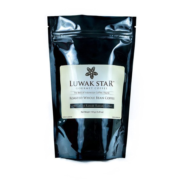 Luwak Star Gourmet Coffee, 100% Arabica Sumatra Gayo Luwak Coffee from Indonesia (or Kopi Luwak) Whole Beans, Medium Roast, 150 Gram (0.33 Lb) Bag, Roasted in the U.S.