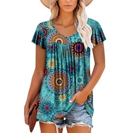 Womens Ruffle Short Sleeve Tunic Tops V Neck Loose Fit Flowy Mint Circle Summer Tops M